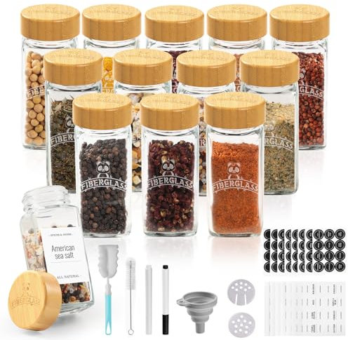 SXTIHD Pot à Épices en Verre et Bois, 12×120ml Bocaux à Épices Cuisine Carré, Boite Epices avec Couvercle en Bambou Hermétique, Rangement pour Épices, Étiquette