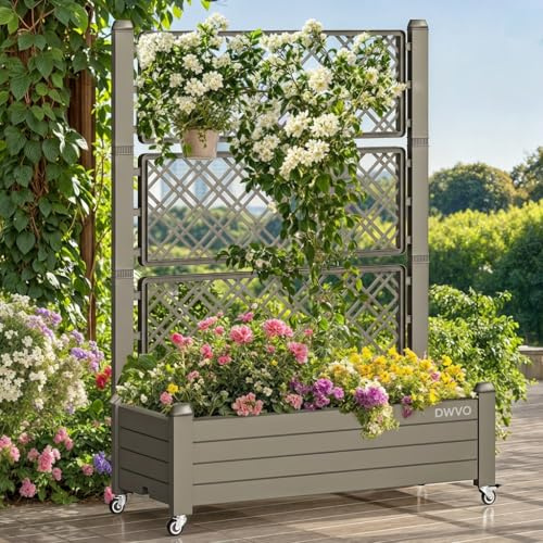 DWVO 3.6 x 1.5 x 5 FT Raised Garden Bed with Trellis, Large Outdoor Planter Trellis Box with Drainage Holes and Wheels for Climbing Plants, Light Brown