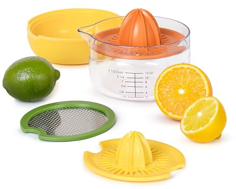 Tovolo Citrus Juicer and Zester Manual Lemon Squeezer with Measuring Cup and Built In Strainer, Easy Clean BPA Free Zester Grater with Handle for Fresh Citrus Dual Reamers for All Fruit Sizes