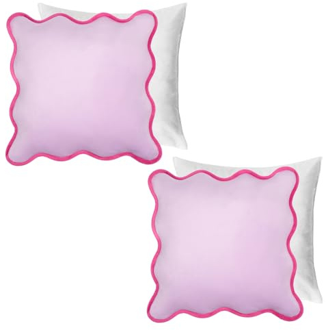 OHS Filled Cushion Covers Matte Velvet Scallop Edge, Soft Velvet Fabric Decorative Pillowcases 2 Pack with Invisible Zipper For Sofa & Bed, Pink/Lilac - 45x45cm