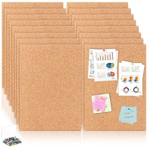 VIDETOL Lot de 16 plaques en liège 30 x 21 cm - Avec 60 broches - 4 mm d'épaisseur - Tableau d'affichage - Dessous de verre isolés en liège - Pour cuisine, tableaux mémo et projets de bricolage