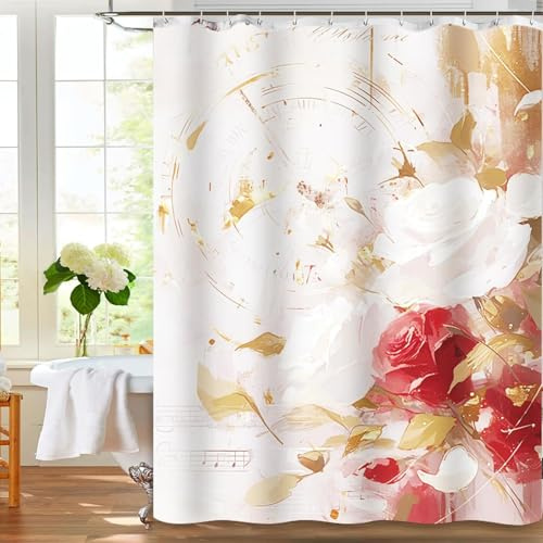 FeinKulturia Duschvorhang Textil 180x200 Blumen Verdickten Waschbar Anti Schimmel Wasserdicht Verdunkelnd Badewanne Vorhang Polyester Badvorhang mit 12 Duschvorhangringen und Beschwertem Saum