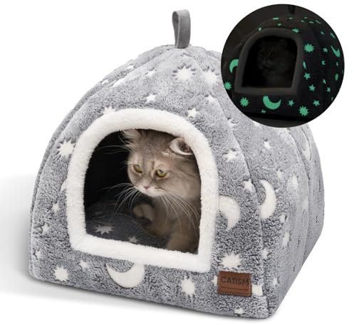 CATISM Cuccia Luminosa per Gatti - 2 in1 Cucce per Gatti 45 x 45 x 40 cm Fluorescente Casetta per Gatto, Pieghevole, Lavabile, Comodo Posto per Dormire con Cuscino Rimovibile per Gattini, Cuccioli