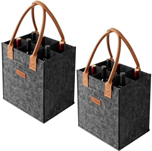 2 stycken flaskväskor med 6 fack: 23 × 26 × 18 cm kreativ filtflaskväska, högkvalitativa flaskhållare av filt, vikbar flaskpåse för vin, drycker, shopping och picknick, mörkgrå