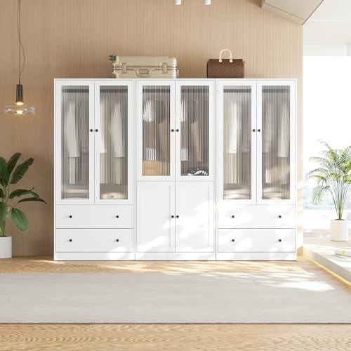 VOWNER 20“D Armoire Wardrobe Closet with Fluted Glass, 71 H Clothing Storage Cabinet with Hanging Rod, 4 Soft-Close Doors Wooden Wardrobe Cabinet for Bedroom, Large Capacity Storage White (AAC)