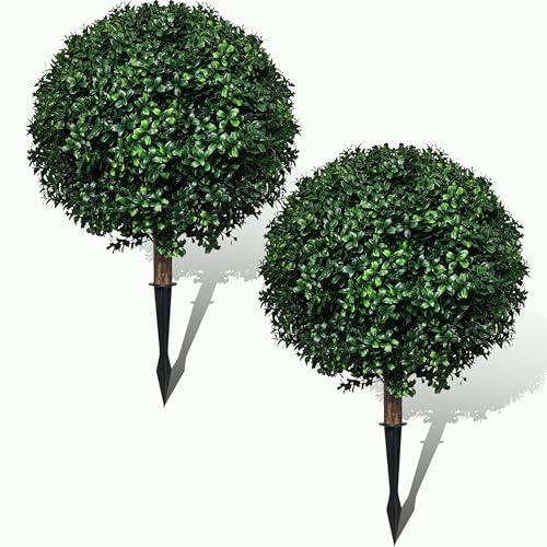 Set di 2 palline artificiali per albero di Natale, arte topiaria finta con palla di bosso per esterni, piante topiarie a sfera, arbusti finti per fioriera con picchetto, 61 cm
