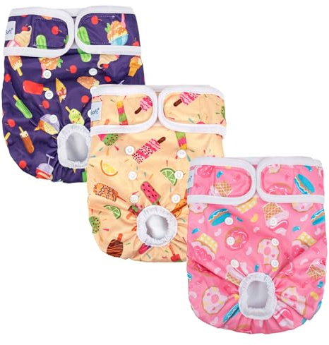 Pet Soft Dog Nappies Female, 3 Pack Reusable Dog Period Pants, Adjustable Pet Diapers for Female Dogs in Season Heat Incontinence (Foodie, L)