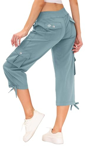 MoFiz Pantalon 3/4 Femme été Pantacourt Cargo de Randonnée Voyage Pantalon Capri de Mode avec 6 Poches Bleu Taille M