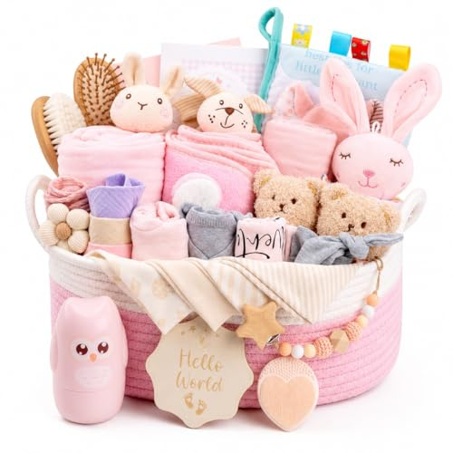 Regalo para bebés de 30 piezas - Cesta de regalo grande, ideal como regalo de recién nacido para niños y niñas. Incluye: toalla de baño con capucha, juego de bebé, peluche, sonajero, peine y tarjeta