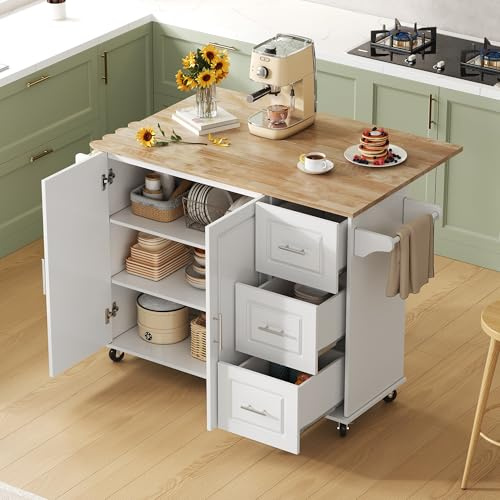 Muskel Isola da cucina mobile con piano di lavoro pieghevole, 137 cm, carrello da cucina su ruote con 3 cassetti e 2 ante, piano di lavoro in legno di quercia, portasciugamani, tavolo da cucina per