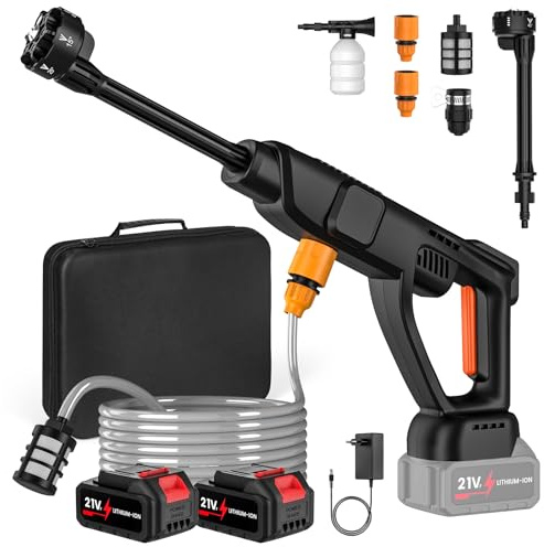 Trådlös högtryckstvätt 70 bar, högtryckspistol med borstlös motor, 6-i-1 och 3-växlad munstycke, 2 x 21 V x 3,0 Ah, slang 5 m, skumpistol (400 ml) för bil- och terrassrengöring