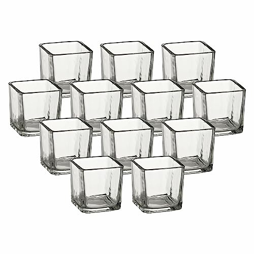 gouveo 12er Set Teelichtgläser Quadrat - Teelichthalter eckig - Kleines Windlicht für Garten, Terrasse, Balkon - Quadrat-Glas für Dessert - Deko Hochzeit, Geburtstag, Feier (TGQ080)