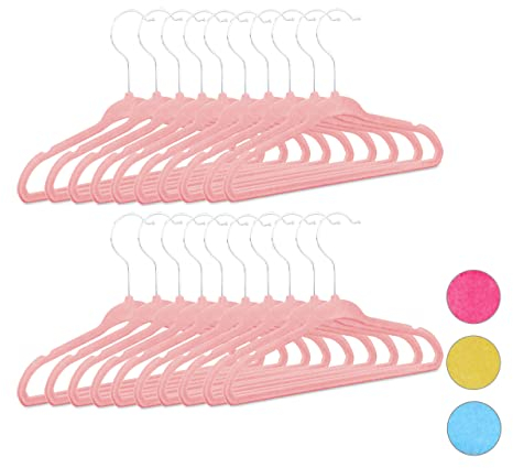 Relaxdays Kleiderbügel Kinder 20er Set, rutschfest, Kinderbügel Samtbezug, weiche Babybügel, 360° drehbare Haken, rosa, 28 x 18 x 0,5 cm