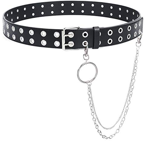 SUOSDEY Punk Gürtel Damen und Herre Ledergürtel Mit Metallkette, Mode Doppelloch Gürtel Hosen Gürtel Jeansgürtel, 1-schwarz,S:Für Hosengröße 68cm-88cm(27\-35\)