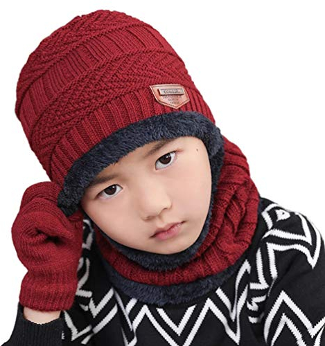 Gisdanchz Winter Mütze Schal Set Jungen Strickmütze Wintermützen Beanie Mädchen Kinderhandschuhe Schlauchschal Kindermütze Schlupfmütze Kindermützen Wintermütze Mütze Loop Schal Kinder Burgund