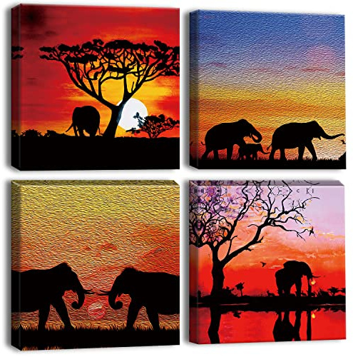 Artscope 4 Pieces Wall Art Canvas Prints - Sunset with African Elephants Picture Painting - Modern Wall Artwork Framed for Gifts Bathroom Home Kitchen Office Decor - 30 x 30 CM