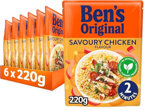 Ben's Original Microwave Rice Pouch, Savoury Chicken Flavour, Wholesome Easy to Prepare Rice, Suitable for Vegetarians, 6 x 220g Multipack