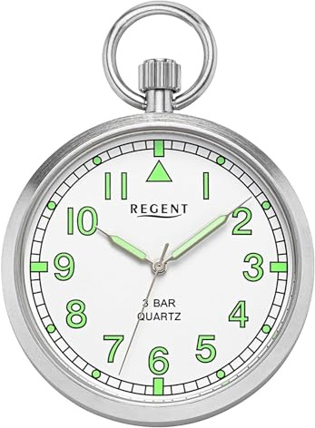 REGENT Herren Taschenuhr Edelstahl 43 MM Quarz Weißes Zifferblatt Arabische Zahlen mit Tasche P-770