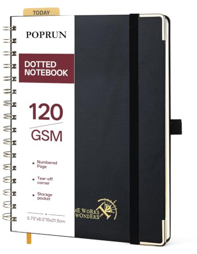 POPRUN Carnet de Notes, Cahier Spirale Pointillé A5, Papier 120 g/m², 141 Pages, Couverture Rigide, Poche, Onglets, 8 Feuilles Perforées, pour Bullet Journaling, Bureau, École - Noir