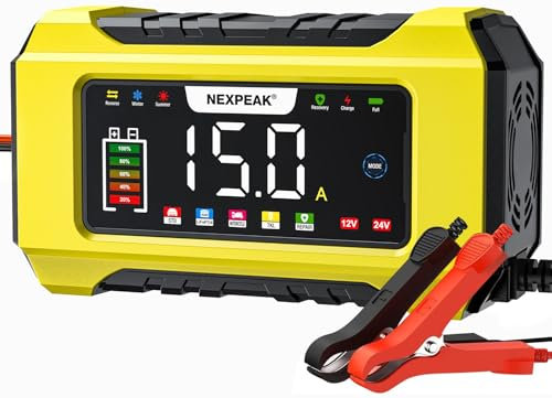 15A Car Battery Charger, NEXPEAK 12V 15A/24V 8A Automatic Smart Battery Charger with Temperature Compensation for Car, AGM, Gel, Wet, SLA for Lead Acid Batteries and LiFePO4 Batteries