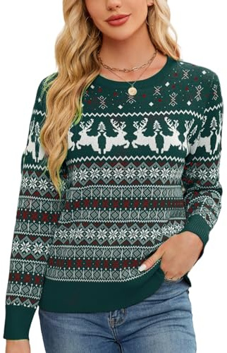 Pull de Noël Femme Col Rond Pull Tricoté Pullover Noël Wapiti Flocon de Neige Dames Renne Bonne Année Pulls Confortable Hiver Chaud Chic Ajusté
