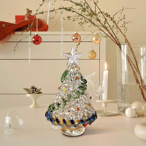 Christmas Decorations - Glass Christmas Tree Figurines, Mini Ornaments, Handmade Xmas Table Decoration, Miniature Tree for Holiday Home Tabletop Decor (Clear)