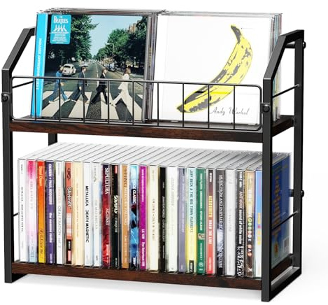 TJ.MOREE 2 Tier Vinyl Record Holder,56 Capacity CD Rack/Storage/Holder and Vinyl Record Storage, Industrial Retro Carbon Steel/Wood, Space Saving Desktop Organizer (1, vintage color)