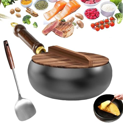 Suntuup – Lot de 24 poêles japonaises en fer avec couvercle en bois, poêle en fer non revêtue, forgée à la main, anti-adhésive, à fond rond pour cuisinière à gaz