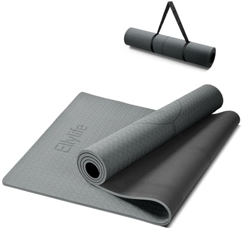 Ellylife Yogamatte Rutschfest 190x68CM, 8MM Dicker aus ECO Naturkautschuk & Hautfreundliches TPE, Ausrichtungslinien， Einzigartiges Design, Inklusive Tragegurt Grau
