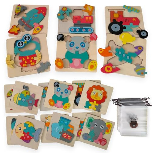 12 en 1 Puzzles 3D Infantil de Madera Montessori, Juguete Educativo niños de 3 a 6 años, Desarrollo de Motricidad Fina, Aprendizaje Temprano y Coordinación Mano-Ojo, Regalos + Bolsas Cotillones