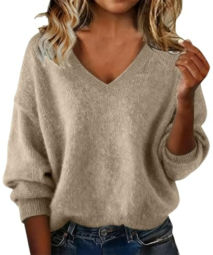 Gezqieunk Ladies Long Cardigans Woman Hoodie Ladies Jumpers Cashmere Knitted Sweaters Low Neck V Neck Sweatshirts Long Sleeve Tops Womens Fashion Solid Color Christmas Pullover Beige L