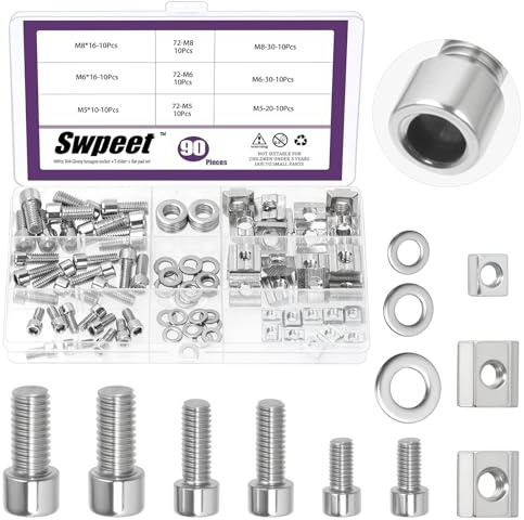 Swpeet 90pcs 3 storlekar M5 M6 M8 rostfritt stål T-slott mutter med Allen skruv bult och platt tvättmaskin sortiment kit, serie 2020 3030 block uppsättning, typ B T-slott mutter, glidmuttrar