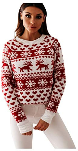Generico Maglione Donna di Natale Invernale Caldo Pullover Maglie Natalizio Maniche Lunghe Girocollo Stampa di Alci e Fiocchi Neve Rosso Elegante Maglie Natalizie Donna