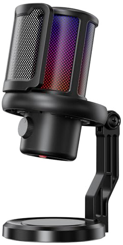 K KASONIC Micrófono USB Gaming con Iluminación RGB & Filtro Anti-Pop | Micrófono de Condensador para PC, PS4/PS5, Directividad Cardioide, 16-bit/48kHz, Para Streaming, Podcasts, Reuniones