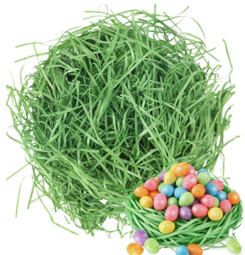Paglia per Cesti,Erba di Pasqua,Carta Velina Tagliuzzata 200g,Paglia per Scatole Regalo,Riempimento Scatola Regalo,Paglia per Presepe,Paglia Carta per Bomboniere per Nidi e Cesti Pasquali(Verde)