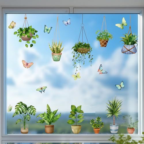 YEJAHY 3 immagini per finestre primaverili, piante in vaso verdi, adesivi per finestre, piante sospese, uccelli, anticollisioni, adesivi in vetro, per cameretta dei bambini, cucina, decorazione