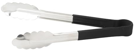 Winco 9 Stainless Steel Serving Tongs with Non-Slip Handle, Black