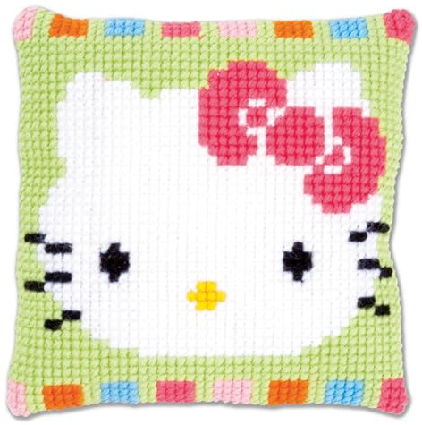 Vervaco Hello Kitty korsstygnskudde/broderikudde i pastellfärger, inklusive material, bomull, flerfärgad, 25 x 25 x 0,3 cm