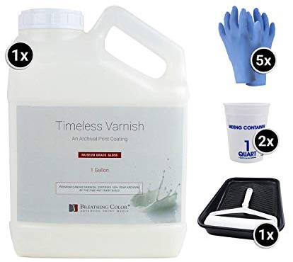 Breathing Color Timeless Archival Print Varnish Kit - 1 Gallon, Glossy Finish, Best Canvas Coating, Certified Archival Quality, Includes Foam Roller, Mixing Cups, and Gloves Bundle