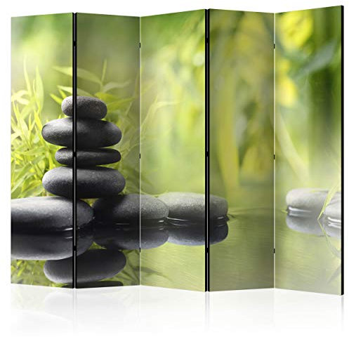 decomonkey Paravent Raumteiler Innen Spa Zen 225x172 cm 5 Teilig Einseitig Room Divider Wall Raumteiler Stehend Trennwand Sichtschutz Spanische Wand Sichtschutzwand Wohnzimmer Holz Pflanzen Stein