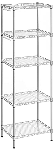 SONGMICS Mensola da cucina, scaffale a 5 livelli, sottile, 8 ganci, mobile da bagno, tavola in plastica, regolabile in altezza, in metallo, per cucina, argento LGR115E01