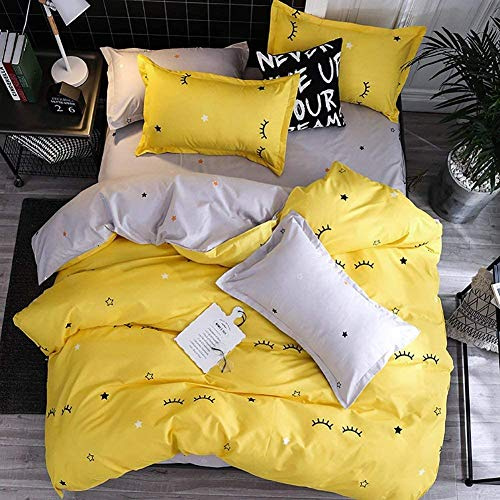 Kids Duvet Cover Set Cute Cartoon Eyelash Curved Stars Reversible Bedding Set for Girls Boys, Decorative Yellow Grey Microfiber Bedding &Linen with 1 Pillow Shams, Zipper, 2Pieces Single Bed Cover