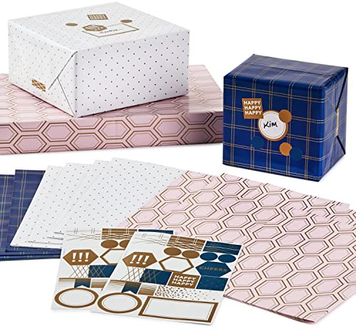 Hallmark Flache Geschenkpapierbögen mit Schnittlinien auf der Rückseite (12 gefaltete Blätter mit Aufkleber-Siegeln) weiße und goldene Punkte, rosa geometrisch, marineblau kariert für Hochzeiten,