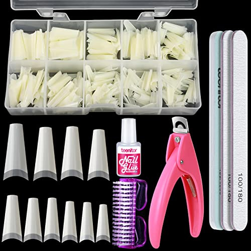 Teenitor Natural False Nails Tips and Glue Set - 500pcs Half Cover Acrylic Coffin Fake Tips With Clipper, Brush, File & Buffer for Salon