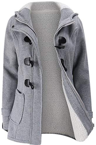 JiangWu Womens Fashion Horn Button Fleece Thicken Coat with Hood Winter Warm Jacket (Medium, Light-gray)