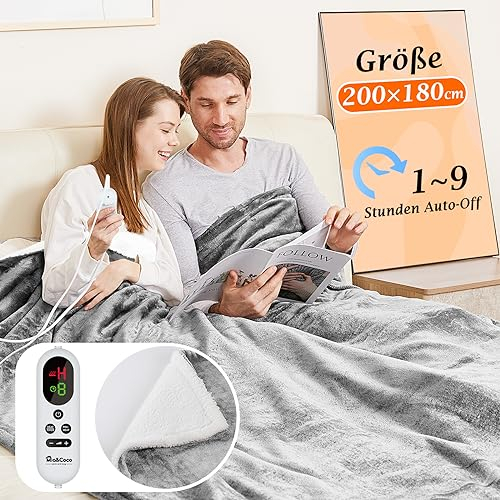 Manta Eléctrica Grande Térmica para Cama 180x200cm 10 Niveles de Calor y Temporizador de Apagado Automático de 1~9 Horas para Protección, Pantalla LED, para Cama Hogar y Oficina, Franela Lavable,Gris