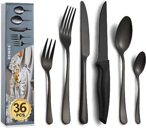 BEWOS Servizio di posate per 6 persone, set di posate in acciaio inox da 36 pezzi con coltelli da bistecca, set di posate nero opaco comprensivo di coltello, forchetta, cucchiaio, posate