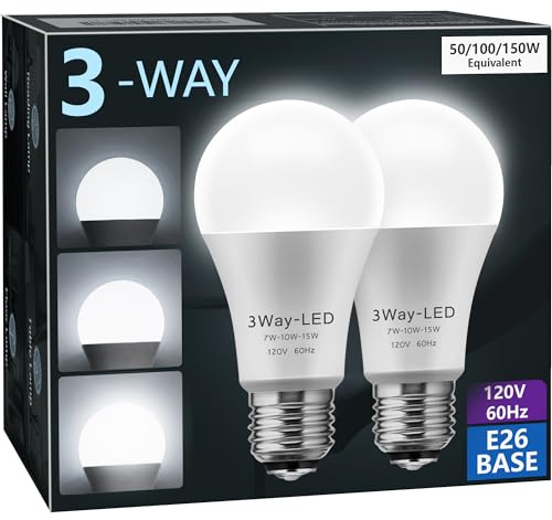 Briignite LED Light Bulbs, 3 Way LED Light Bulbs 50 100 150W Equivalent, Three Way A19 Light Bulbs E26 Medium Base, Daylight White 5000K, 500lm-1000lm-1500lm, 2Pack