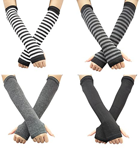 PFLYPF 4 par fingerlösa handskar, armvärmare, handskydd med tumhål, armbågsvärmare, matchande handskar för män och kvinnor, variation, en storlek, Svart, mörkgrå, svart och grå ränder, vita ränder,