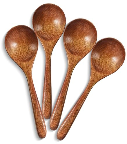 Suuwwn Natur Holzlöffel,4 Stück Holzlöffel Esslöffel Suppenlöffel Holzlöffel Löffel Set Japanischen Stil Holzlöffel Haferbrei Löffel für Haferbrei, Suppe, Ramen, Hot Pot, Restaurant, Haushalt (A)